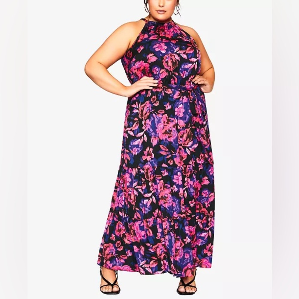 NWOT City Chic halter maxi dress - colorful floral, silky, with tiered skirt